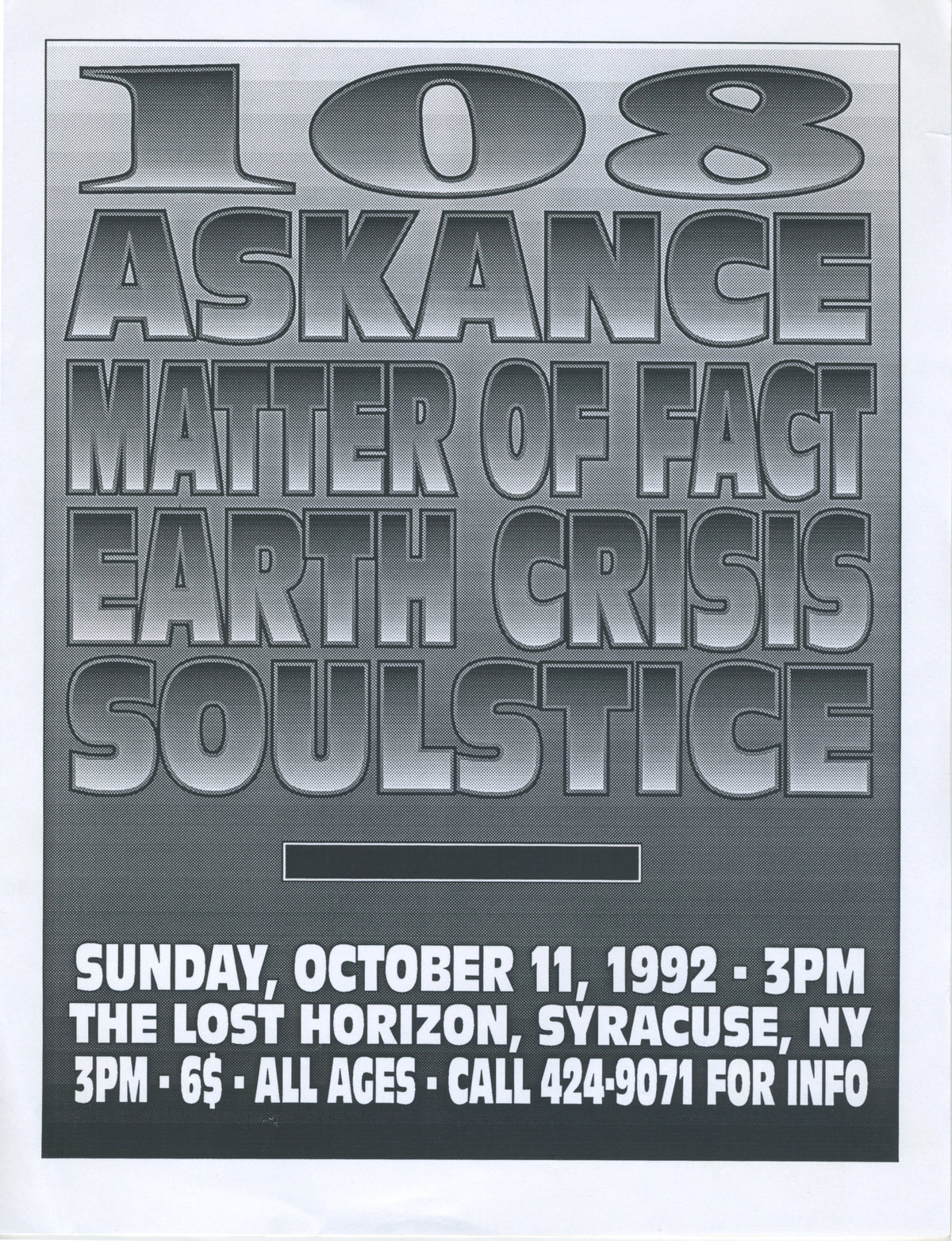 Vintage 108 Earth Crisis Soulstice &quot;Lost Horizon&quot; Syracuse Show Flyer Variant