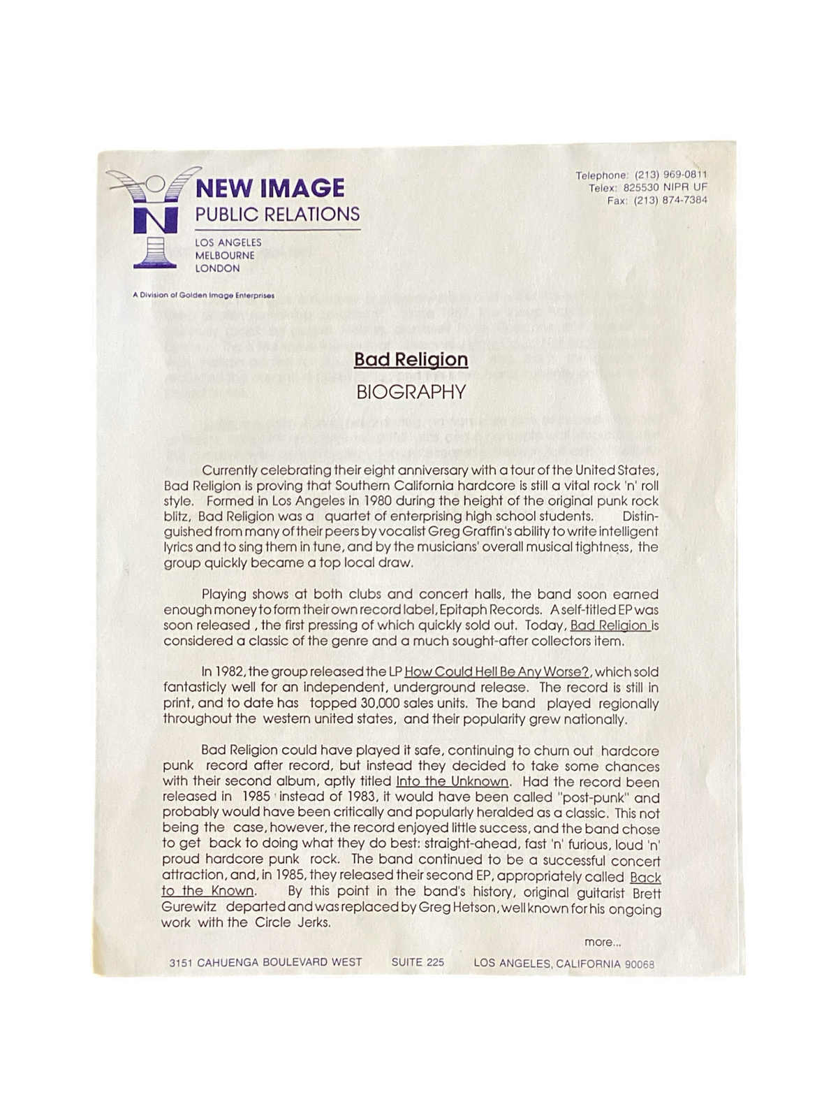 Vintage Bad Religion "Suffer Era" Press Kit Biography