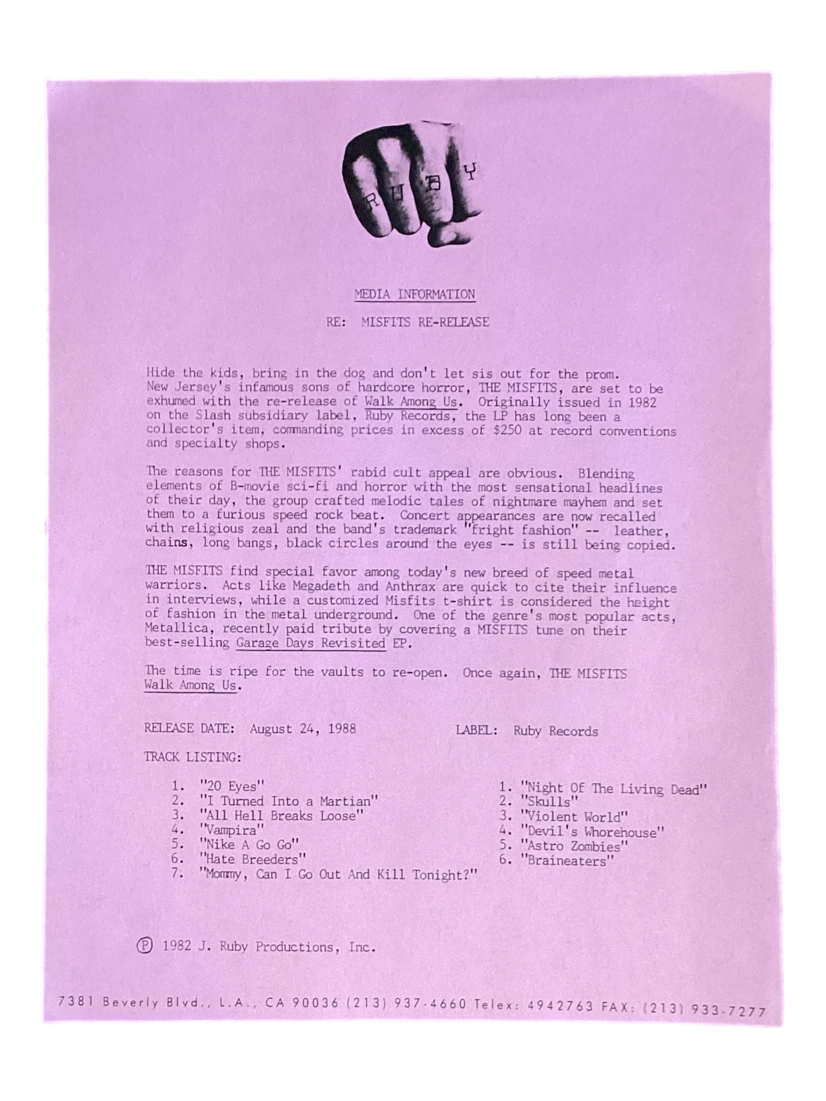 Vintage Misfits "Walk Among Us Re-Release" 1988 Press Release