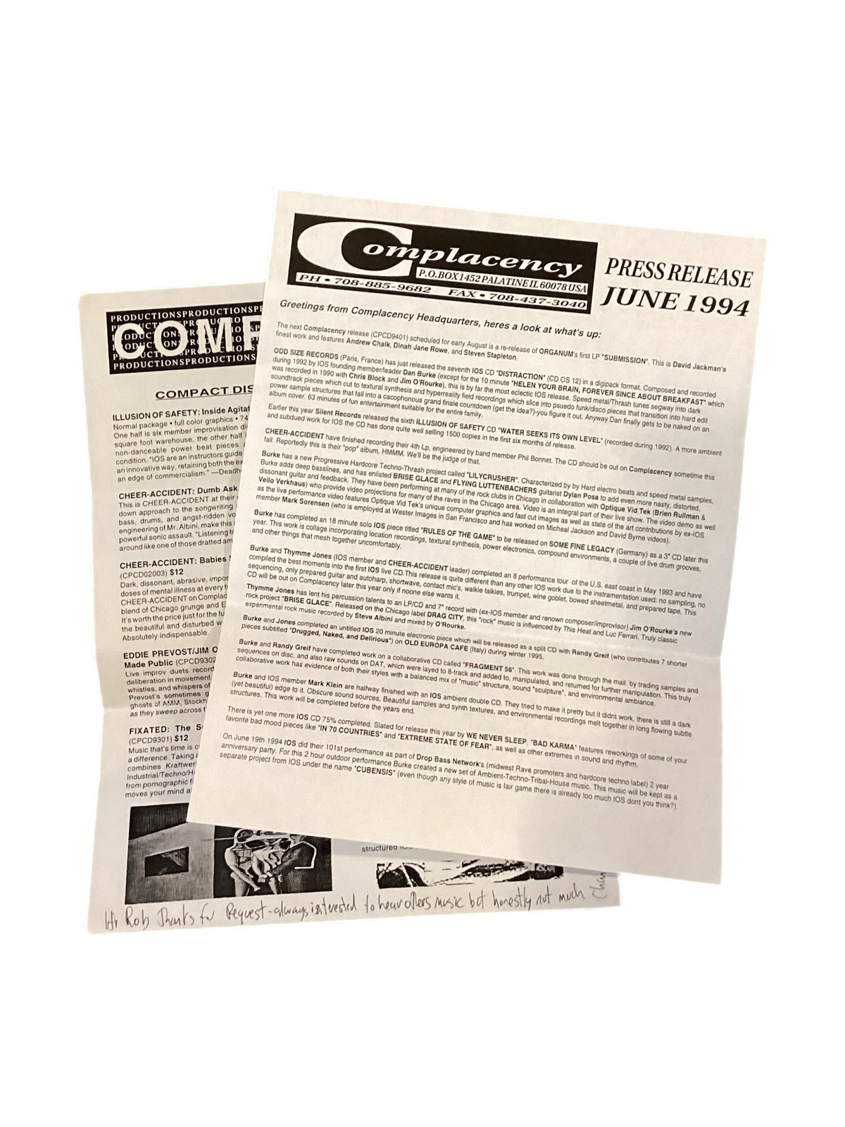 Vintage Complacency Productions "1994 Press Release & Mailorder Form" Set