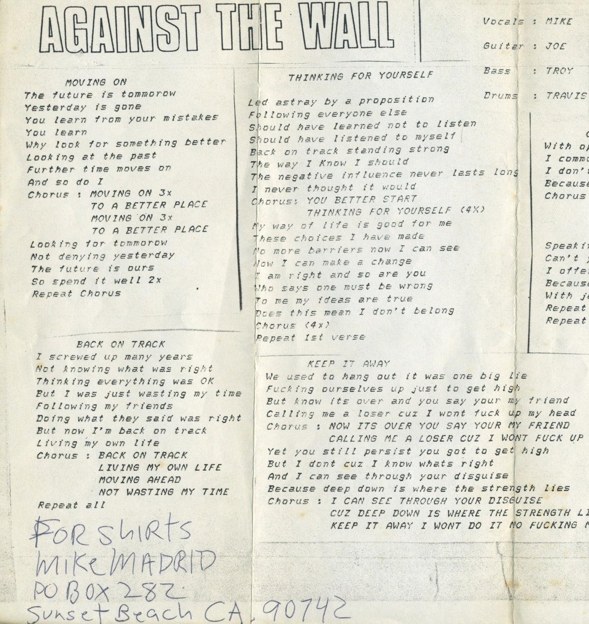 Vintage Against The Wall &quot;Sunset Beach, CA&quot; Demo Tape Includes Lyrics + Insert