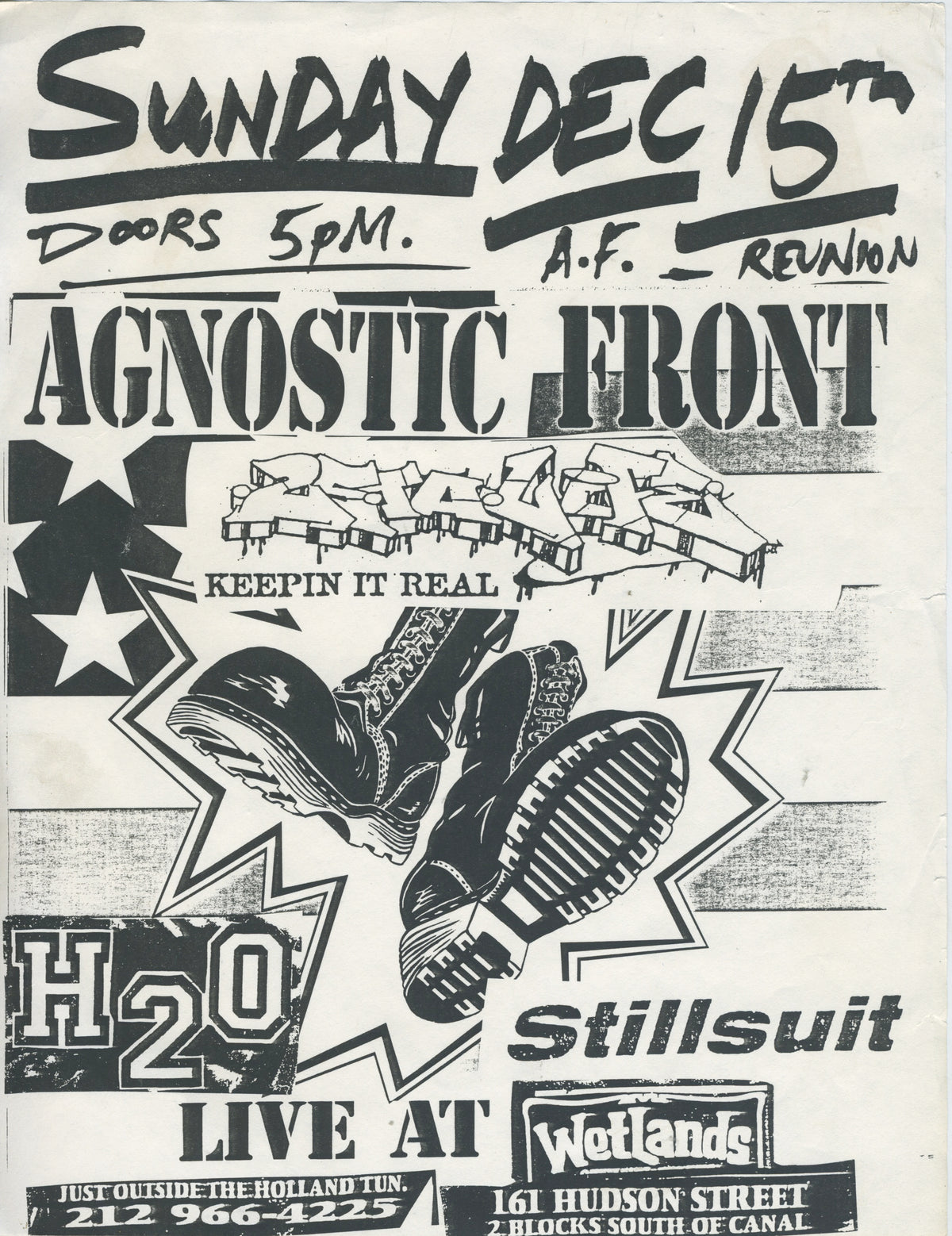 Vintage Agnostic Front Reunion Show 25 Ta Life H2O Stillsuit "Wetlands" Show Flyer