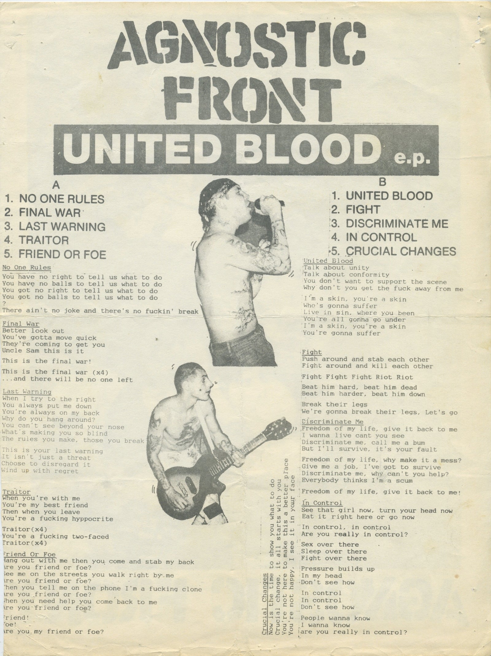 Vintage Agnostic Front "Schism Fanzine" #7 '87 2-Sided Insert - jointcustodydc