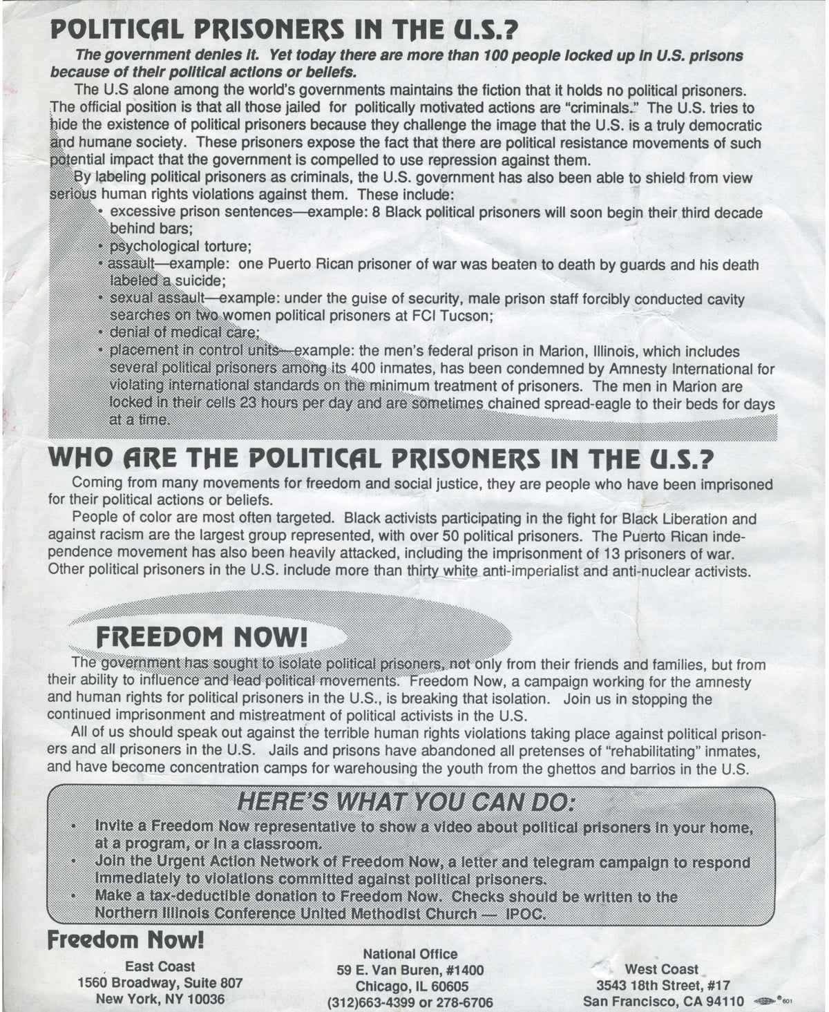 Vintage Freedom Now! &quot;Political Prisoners&quot; Double-sided Flyer