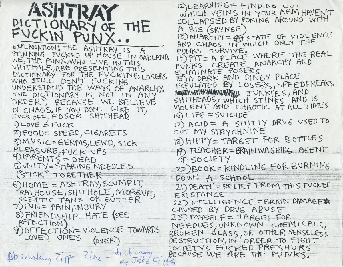 Vintage Absolutely Zippo Fanzine "Ashtray Punks Dictionary" Jake Filth Flyer