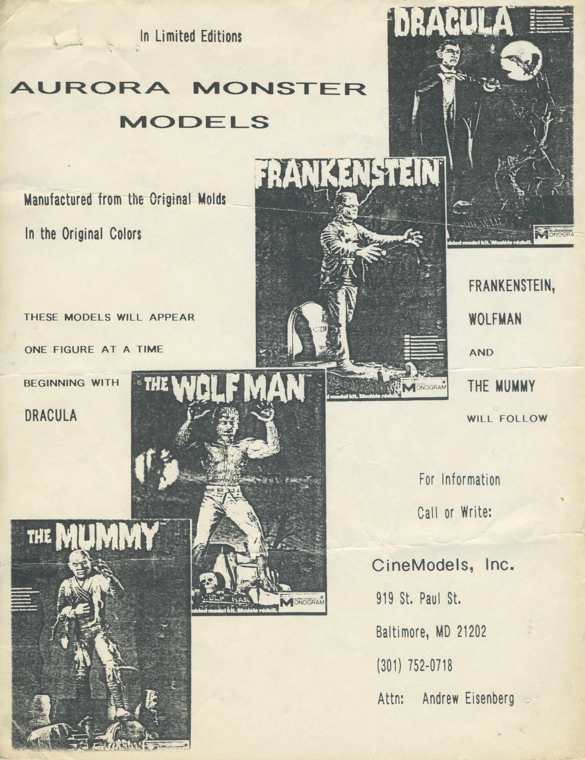 aurora monsters Vintage Aurora Monster Models "CineModel Inc" 1 Page Catalog