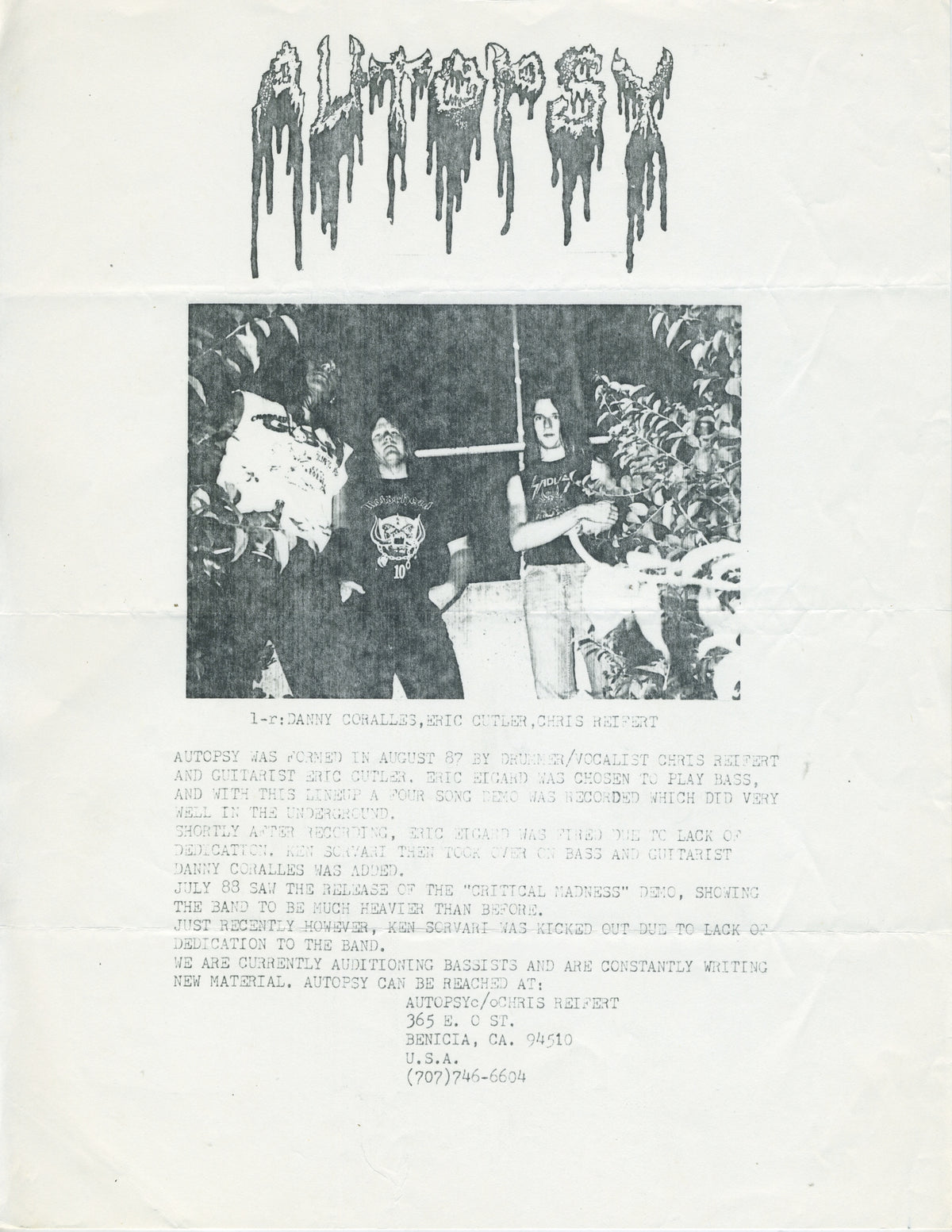 Vintage Autopsy &quot;Pre Severed Survival&quot; &#39;88-89 Bass Player Audition Flyer
