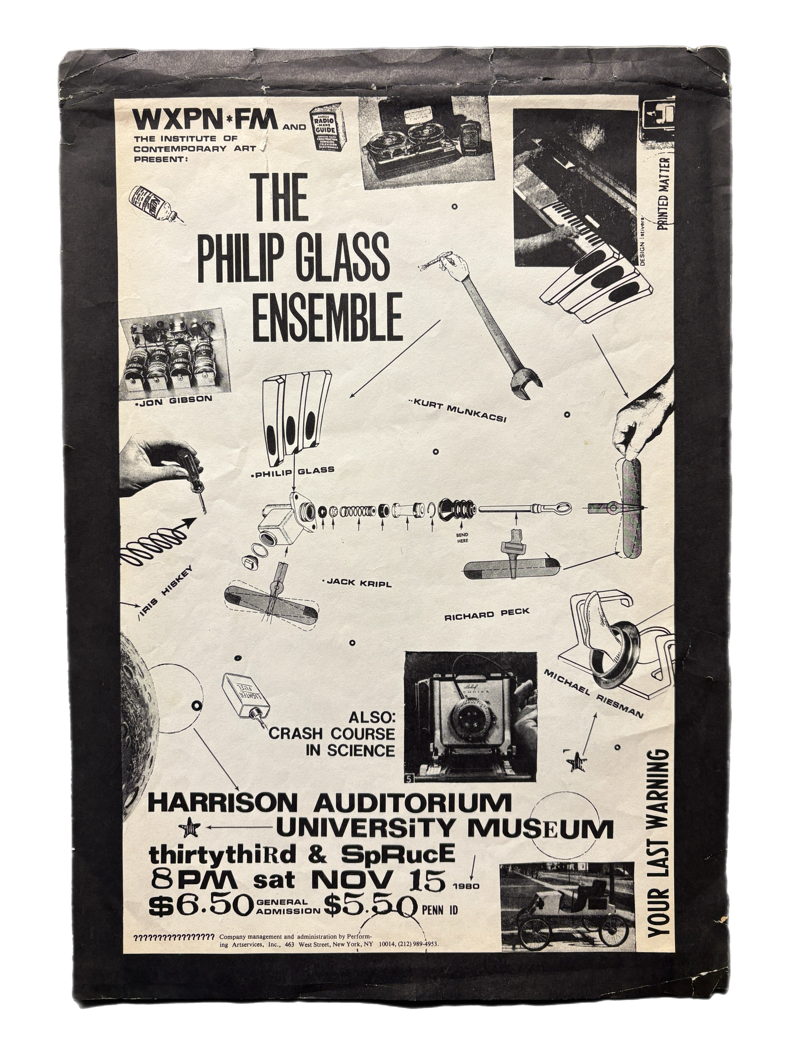 Vintage Phillip Glass Ensemble "November 15th 1980" Harrison Auditorium Philadelphia PA Flyer - jointcustodydc
