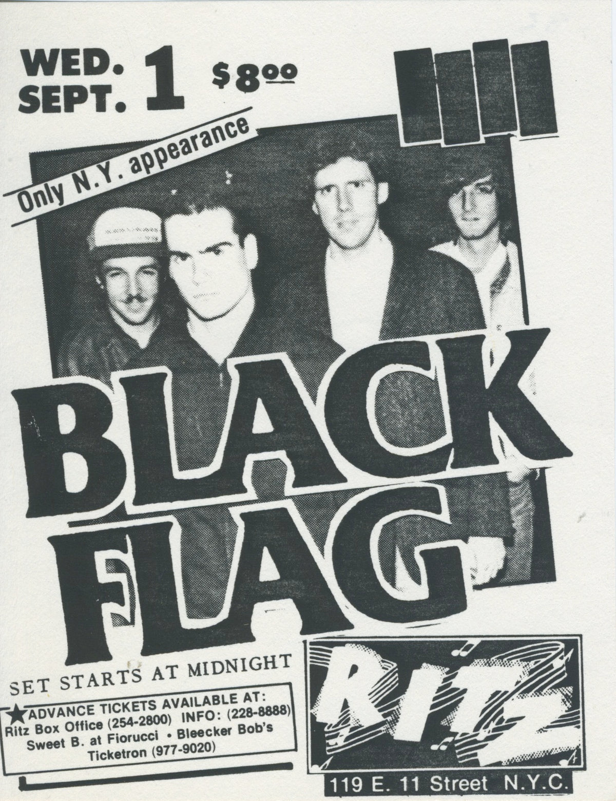 Vintage Black Flag "The Ritz" NYC Show Handbill