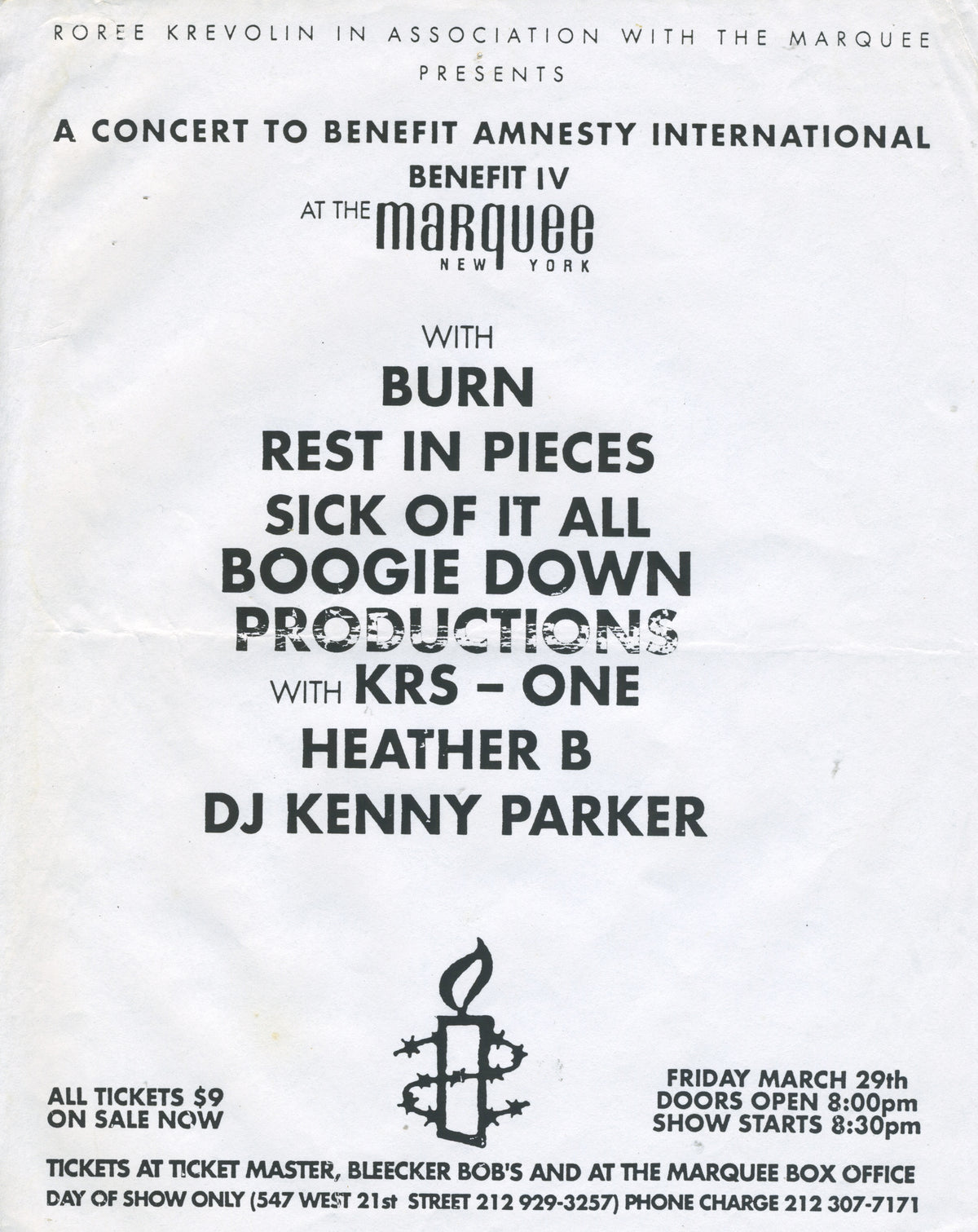 Vintage Burn Rest In Pieces Sick Of IT All Boogie Down Productions KRS-ONE Heather B DJ Kenny Parker "Amnesty International" Benefit Flyer