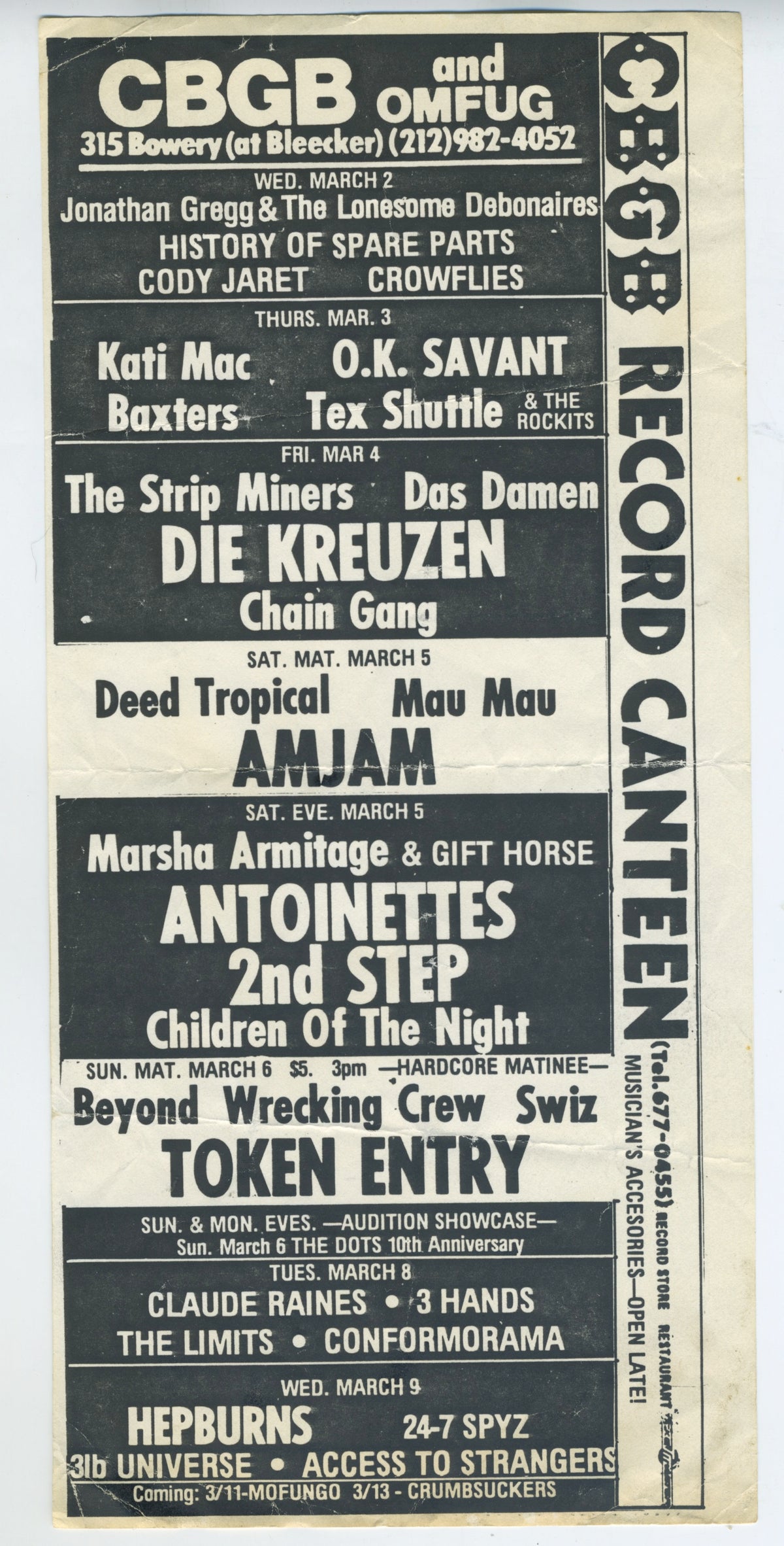 Vintage CBGB &#39;88 &quot;NYC&quot; March Calendar Flyer