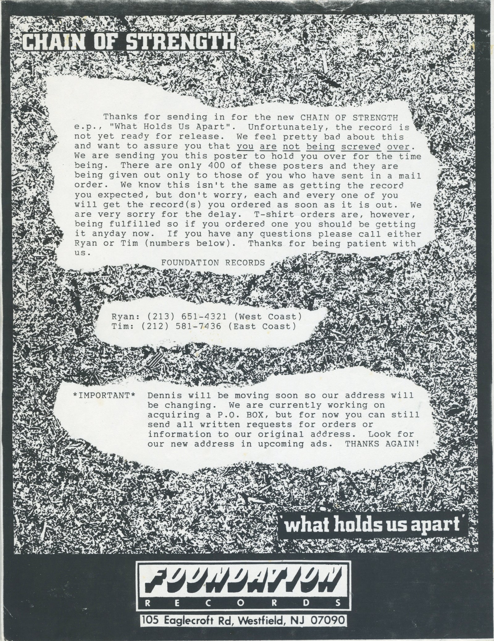 Vintage Chain Of Strength "What Holds Us Apart" Foundation Records Apology Letter - jointcustodydc