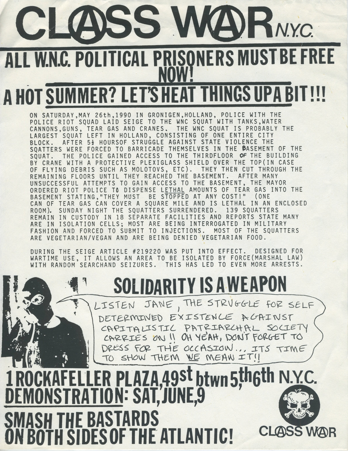 Vintage Class War N.Y.C. &quot;WNC Squat Holland&quot; Solidarity Flyer