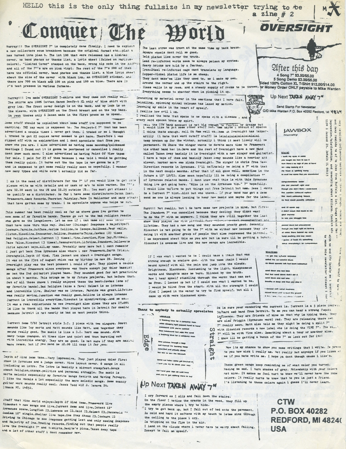 Vintage Conquer The World Records "Michigan Hardcore" Newsletter Issue #2