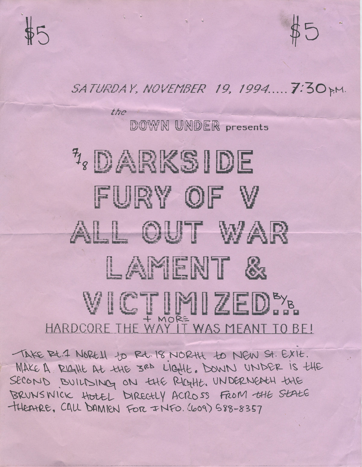 Vintage Darkside Fury Of V All Out War &quot;Down Under Presents&quot; Lament &amp; Victimized Show Flyer