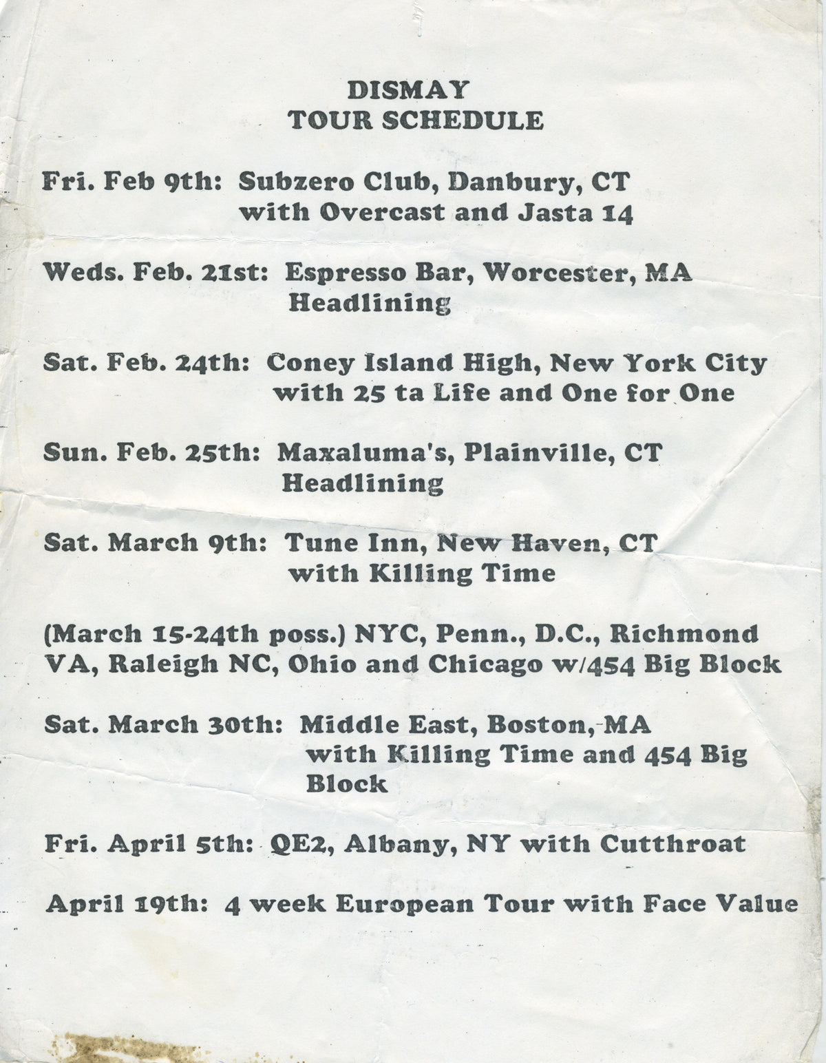 Vintage Dismay &quot;CTHC&quot; Tour Schedule