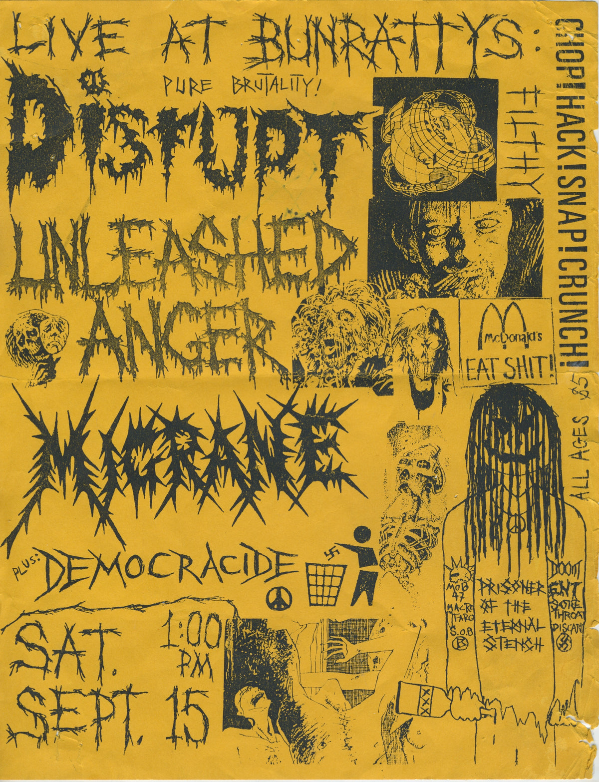 Vintage Disrupt Unleashed Anger Migrane Democracide &quot;Bunratty&#39;s&quot; Boston Show Flyer