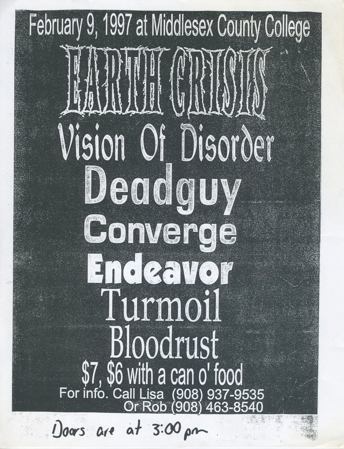 Vintage Earth Crisis VOD Deadguy Converge Endeavor Turmoil Bloodlust &quot;Middlesex County College&quot; NJ Show Flyer