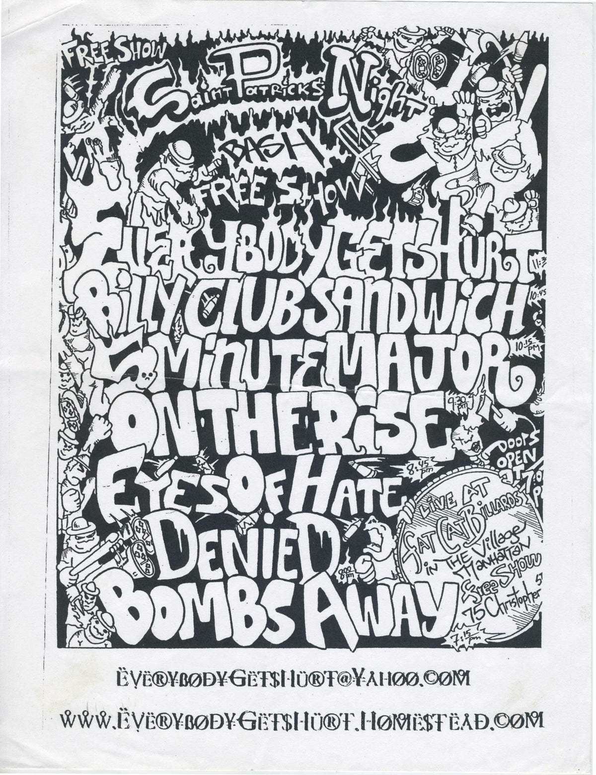 Vintage Everybody Gets Hurt Billy Club Sandwich 5 Minute Major &quot;Saint Patrick&#39;s Night&quot; Free Show Flyer