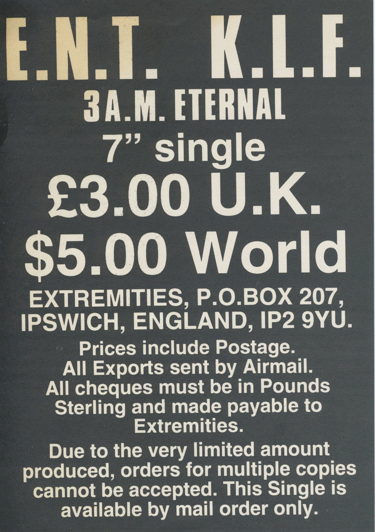 Vintage Extreme Noise Terror K.L.F. "3 A.M. Eternal" Mail Order Flyer