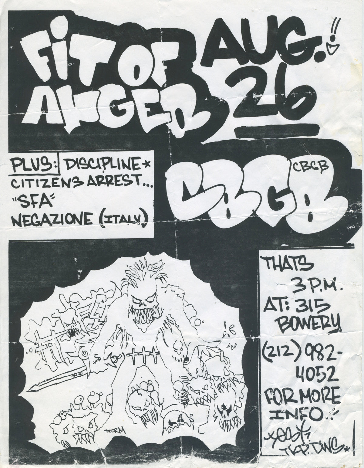 Vintage Fit Of Anger Negazione Citizens Arrest SFA Discipline "CBGB" NYC Hardcore Flyer - jointcustodydc