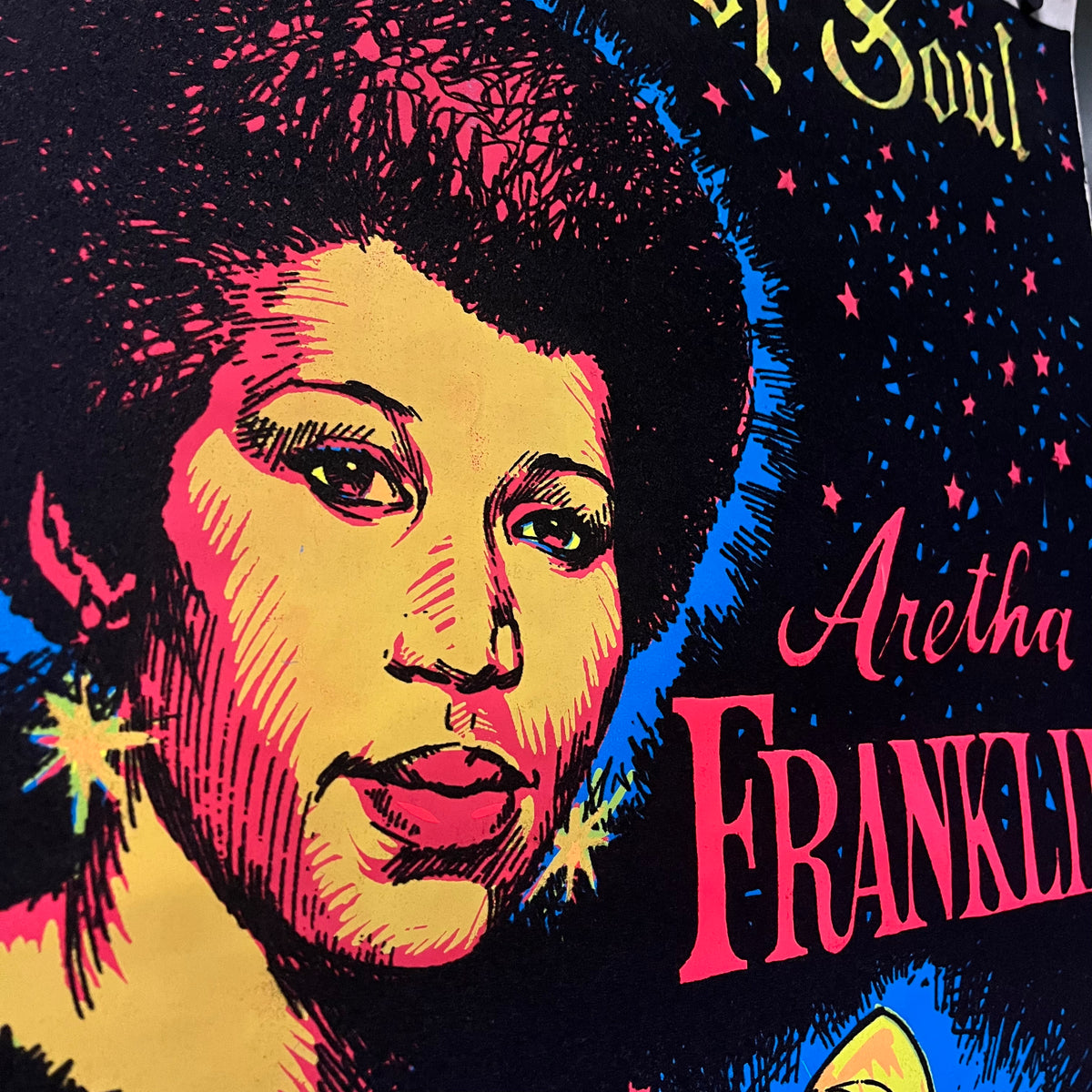 Vintage Aretha Franklin "Queen Of Soul" Woody Products Blacklight Poster