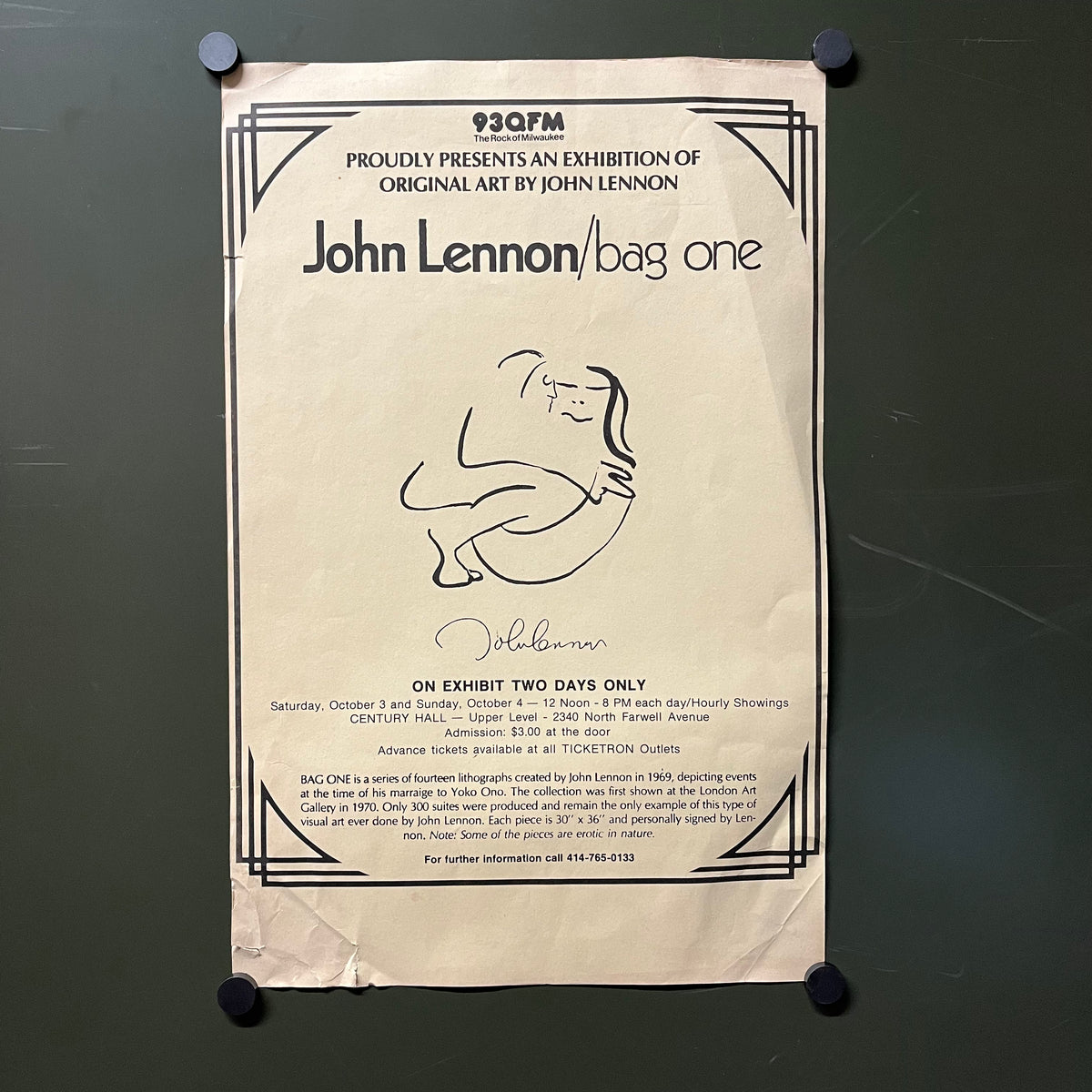 Vintage John Lennon "Bag One" Milwaukee Art Exhibition Poster