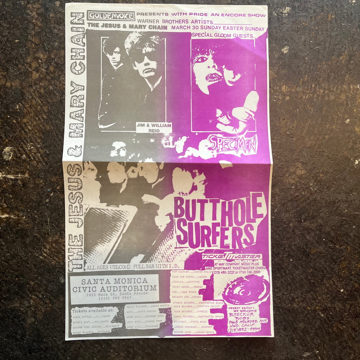 Vintage Jesus & Mary Chain Specimen The Butthole Surfers "Santa Monica Civic Auditorium" 8.5x14 Punk Flyer