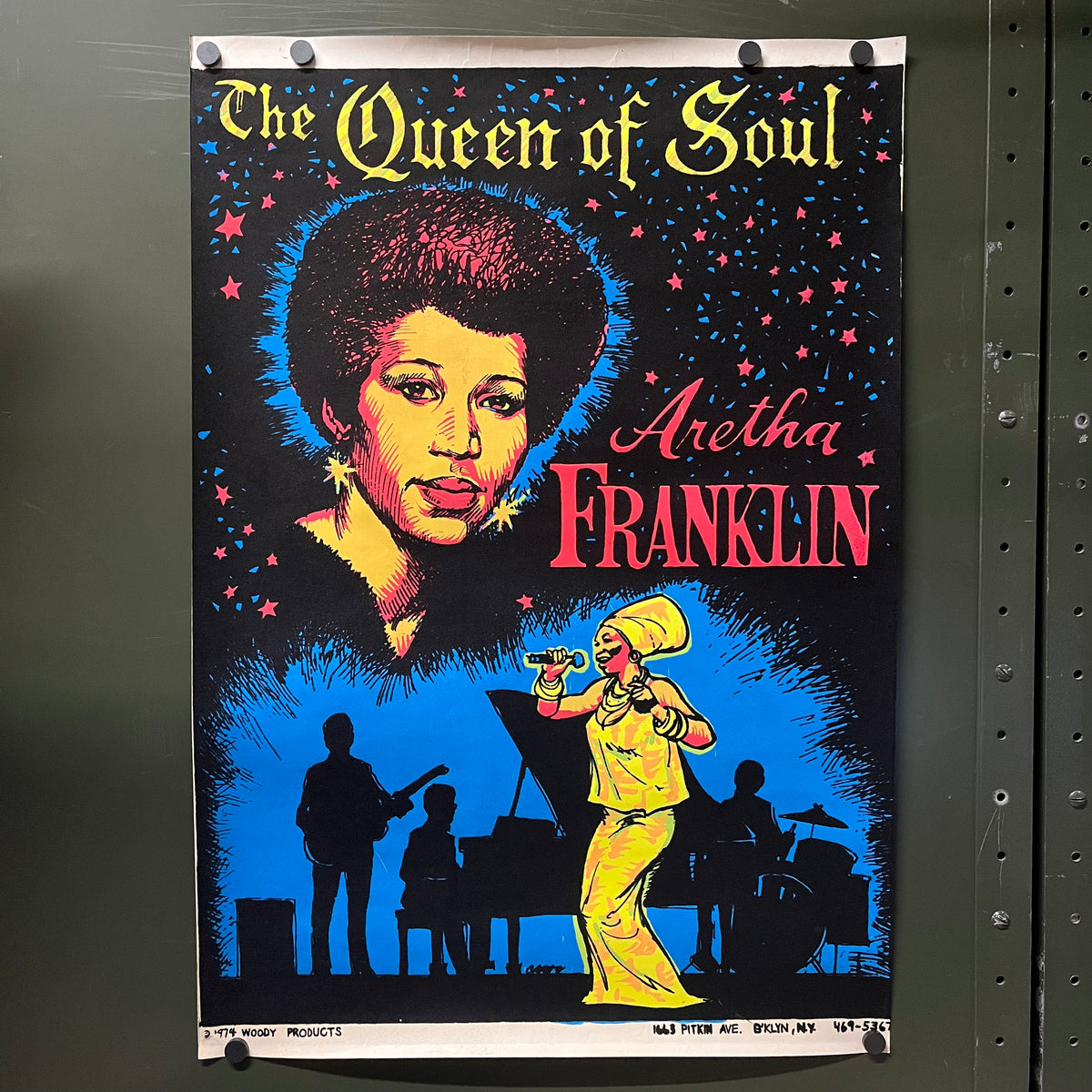 Vintage Aretha Franklin "Queen Of Soul" Woody Products Blacklight Poster