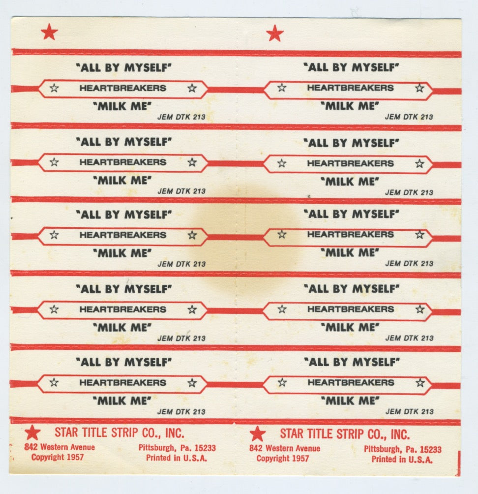 Vintage The Heartbreakers "All By Myself/Milk Me" Uncut Star Title Strip Jukebox Sheet - jointcustodydc