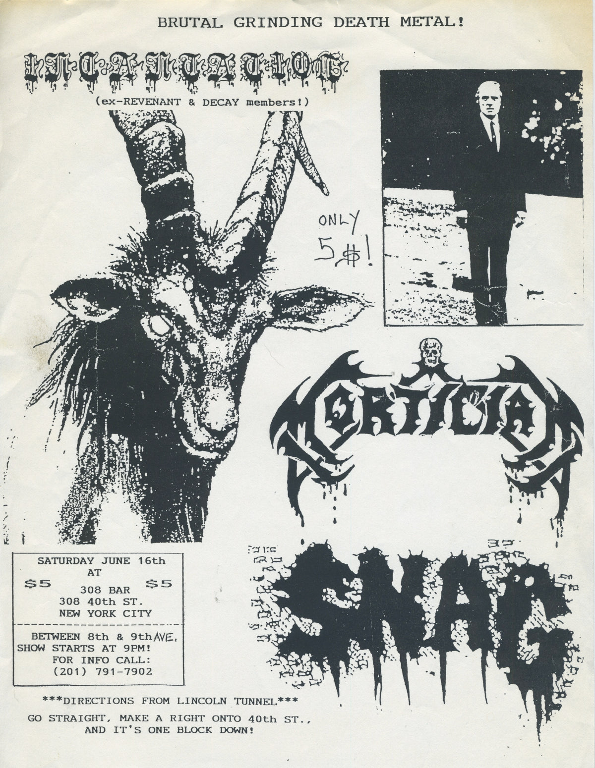 Vintage Incantation Mortician &amp; Snag &quot;308 Bar&quot; NYC Death Metal Flyer