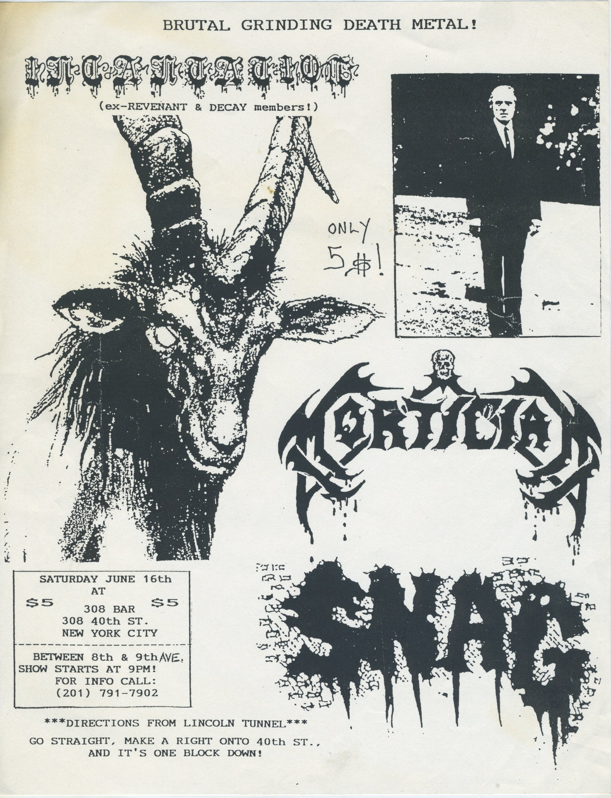Vintage Incantation Mortician & Snag "308 Bar" NYC Death Metal Flyer - jointcustodydc