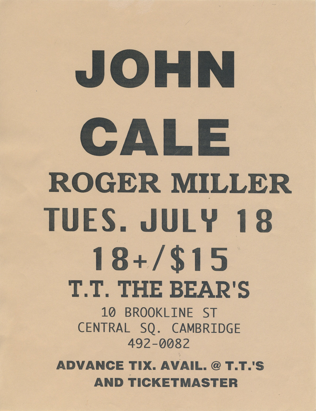 Vintage John Cale + Roger Mill (Mission Of Burma) "T.T. The Bear's" 1995 Cambridge, MA Flyer - jointcustodydc