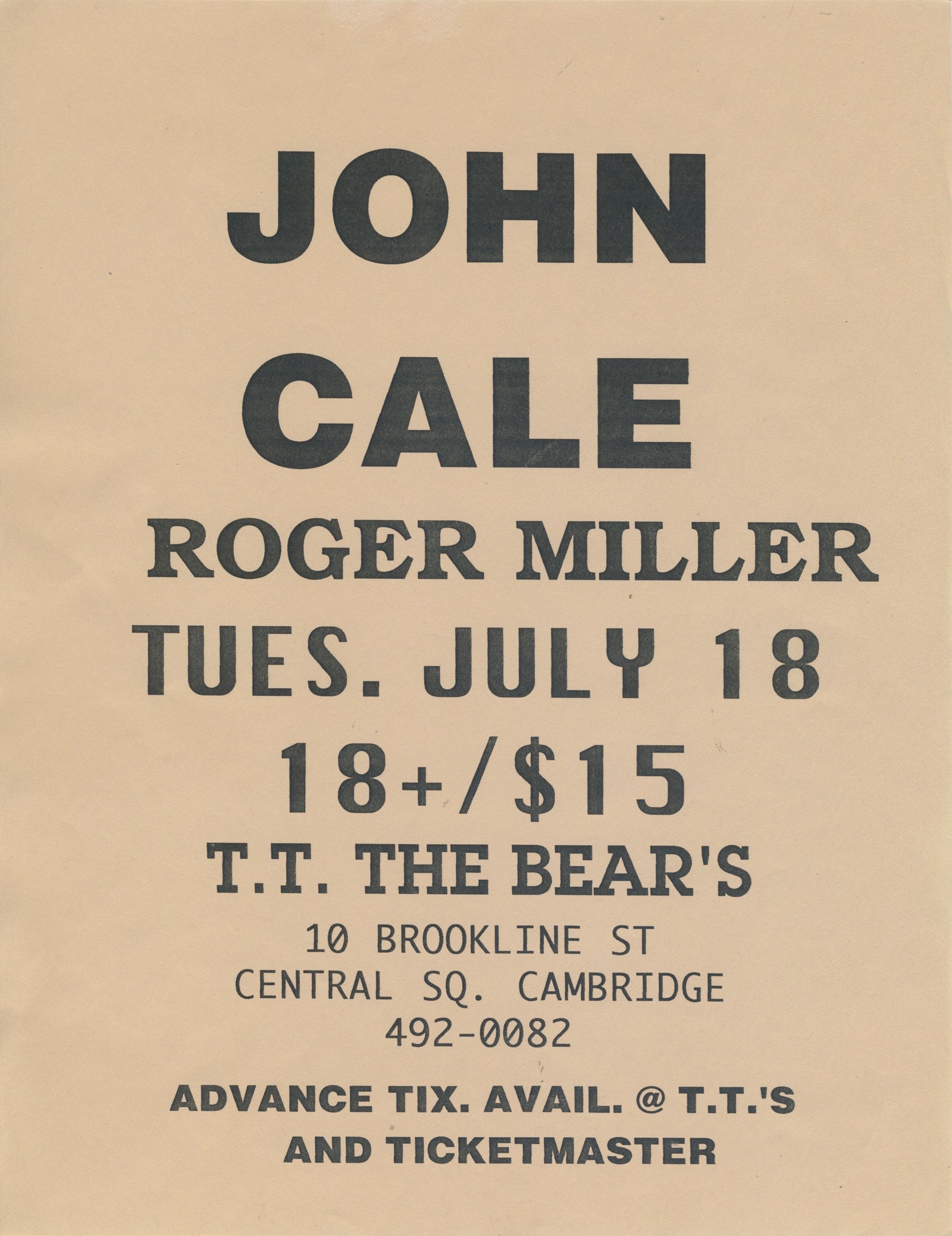 Vintage John Cale + Roger Mill (Mission Of Burma) "T.T. The Bear's" 1995 Cambridge, MA Flyer - jointcustodydc