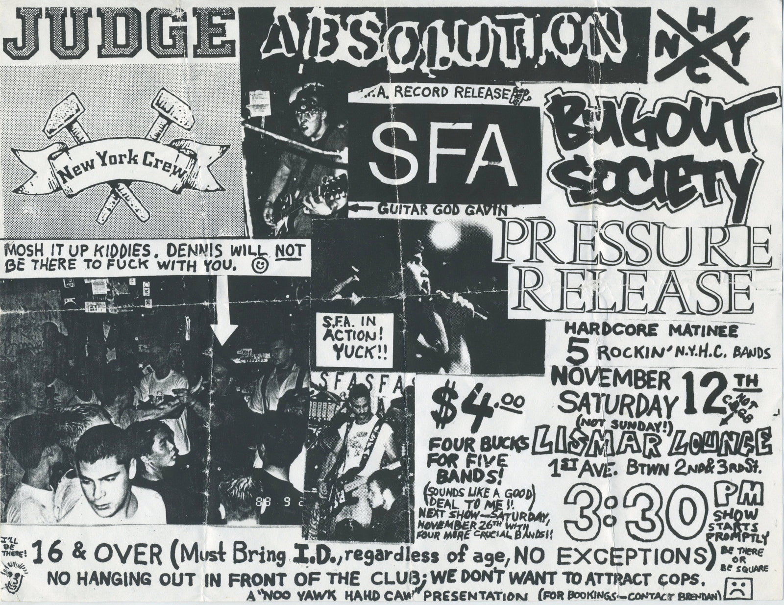 Vintage Judge Absolution Bugout Society Pressure Release "SFA Record Release" Lismar Lounge Hardcore Matinee Flyer - jointcustodydc