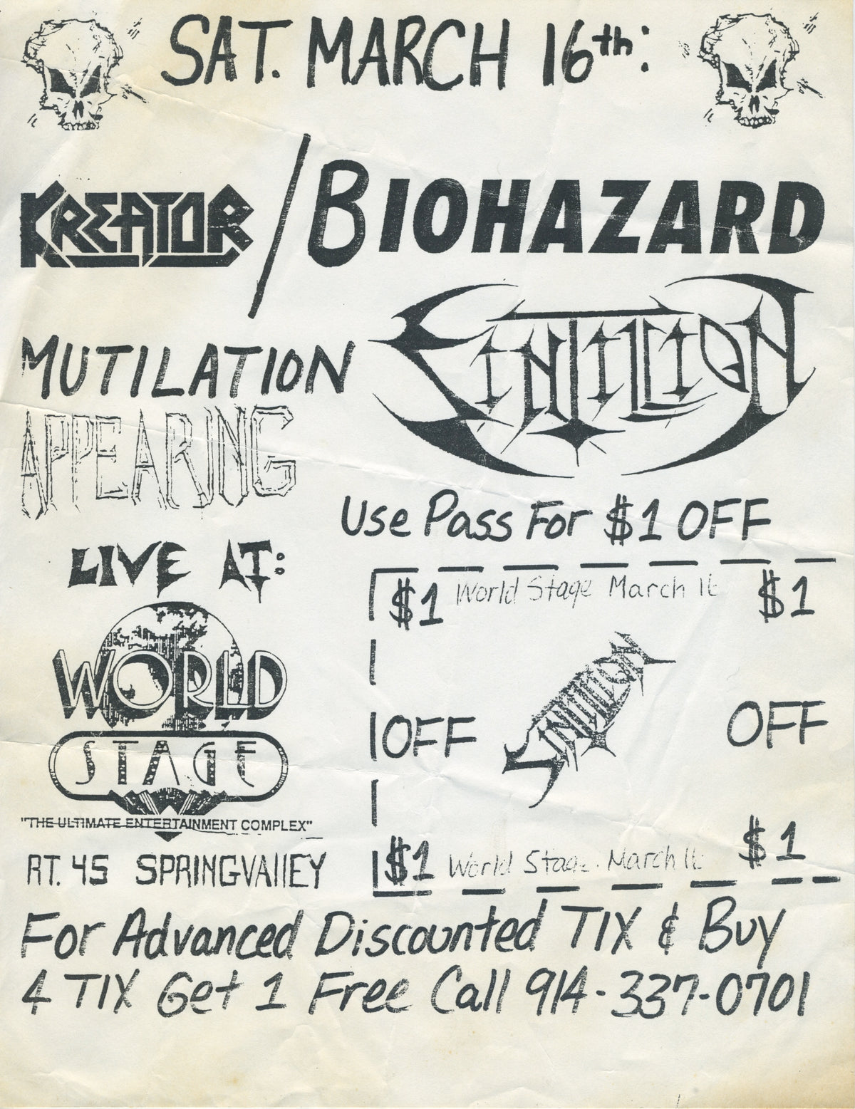 Vintage Kreator Biohazard Sintilion Mutilation "World Stage" NY Show Flyer - jointcustodydc