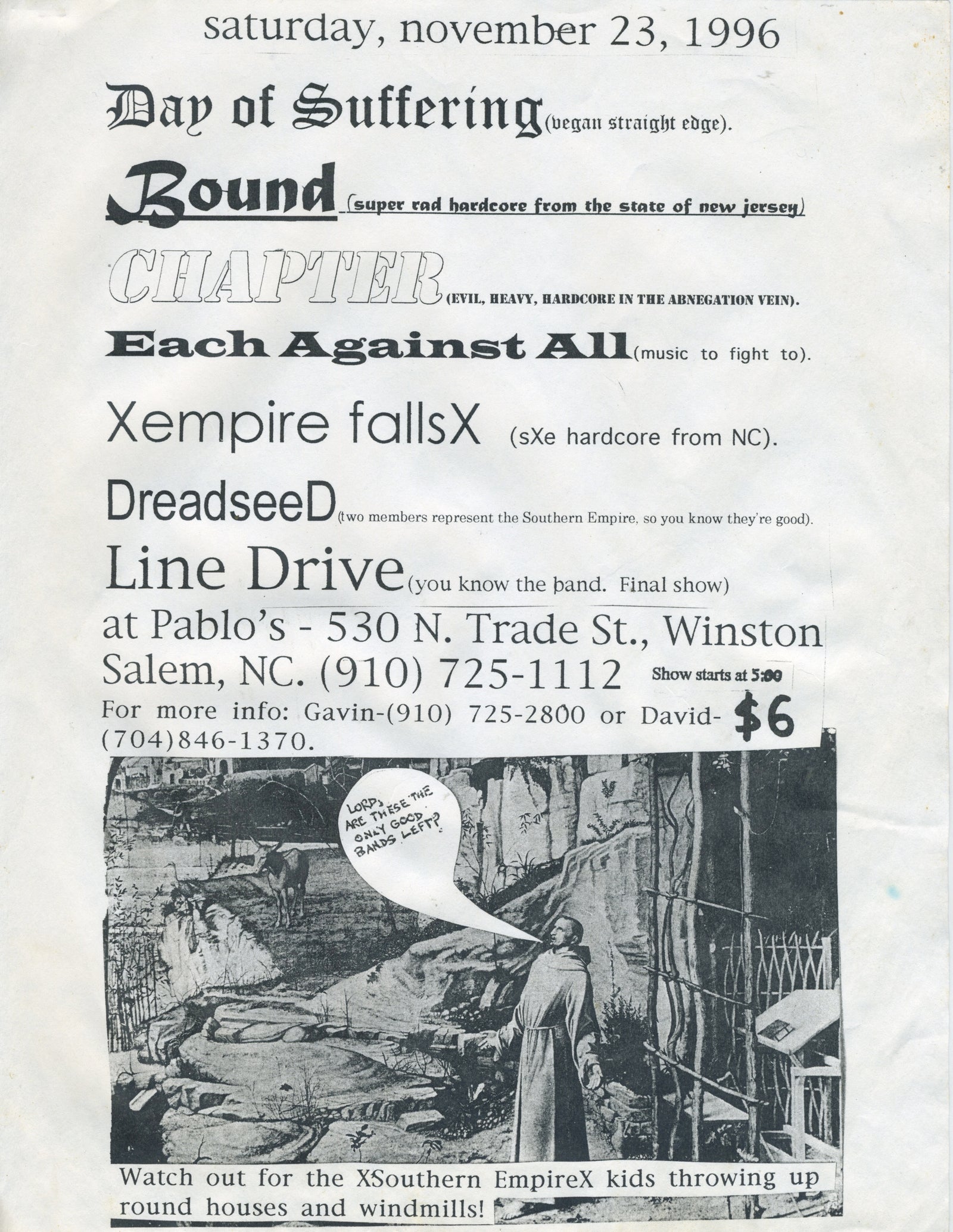 Vintage Day Of Suffering Bound Chapter Line Drive Each Against All "Salem, NC" Hardcore Flyer - jointcustodydc