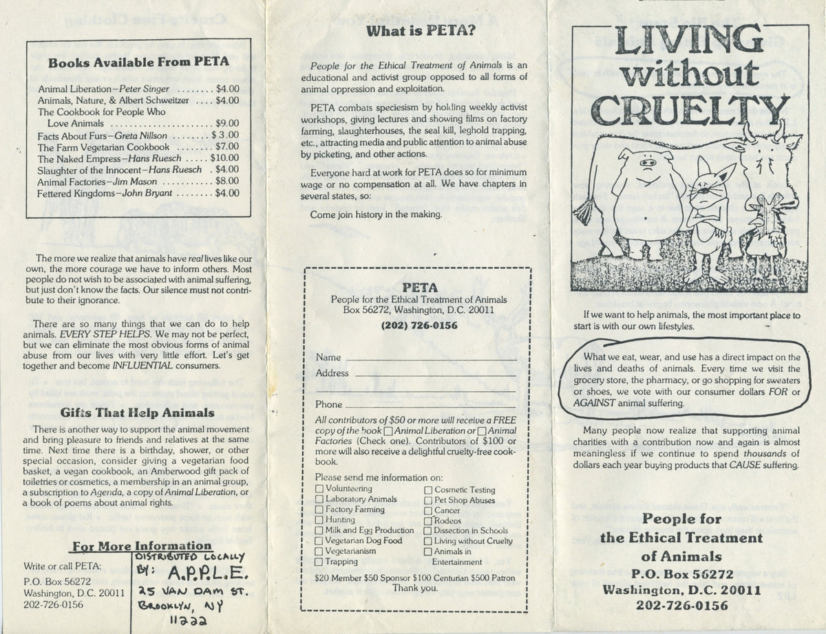 Vintage PETA Living Without Cruelty &quot;A.P.P.L.E.&quot; NYC Menu Style Pamphlet