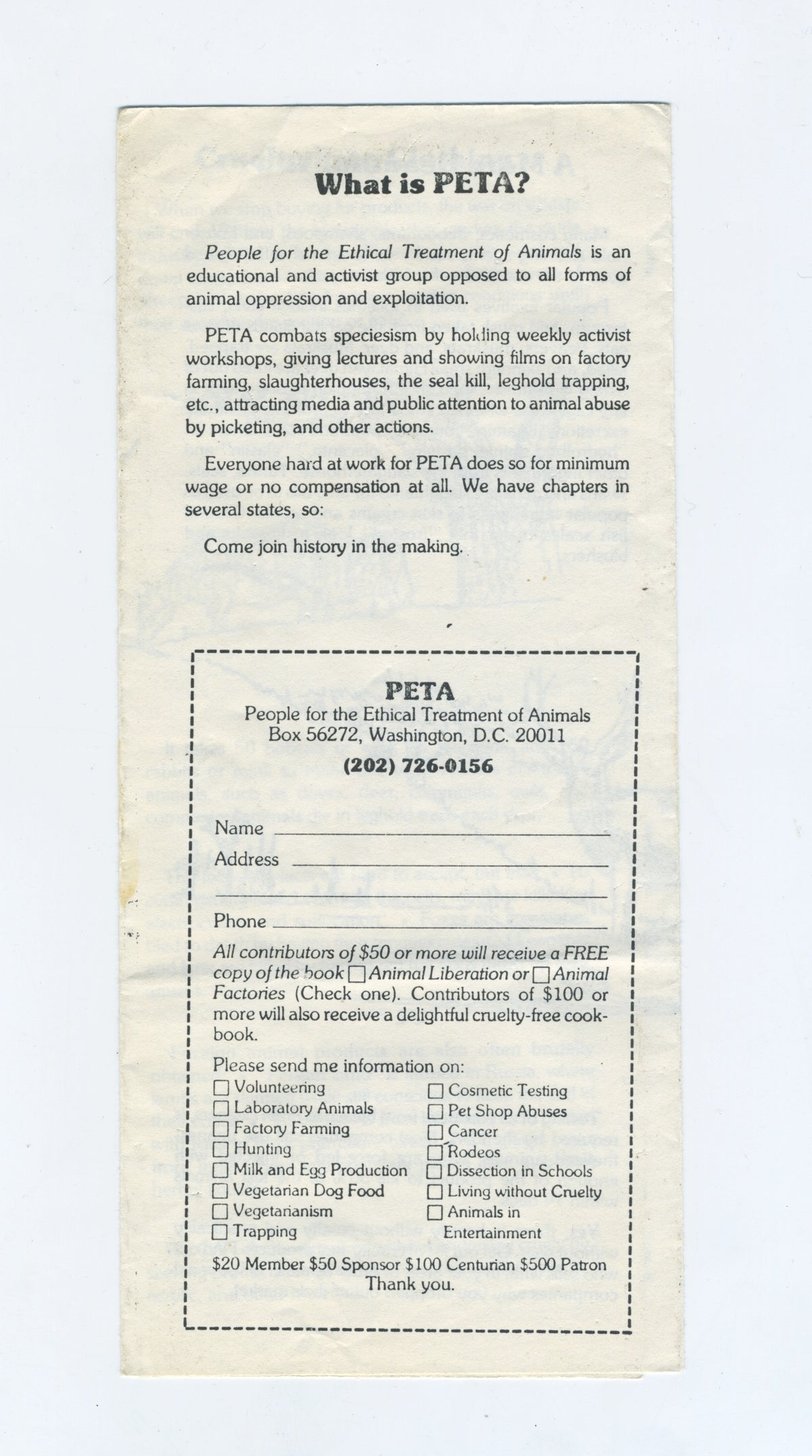 Vintage PETA Living Without Cruelty &quot;A.P.P.L.E.&quot; NYC Menu Style Pamphlet