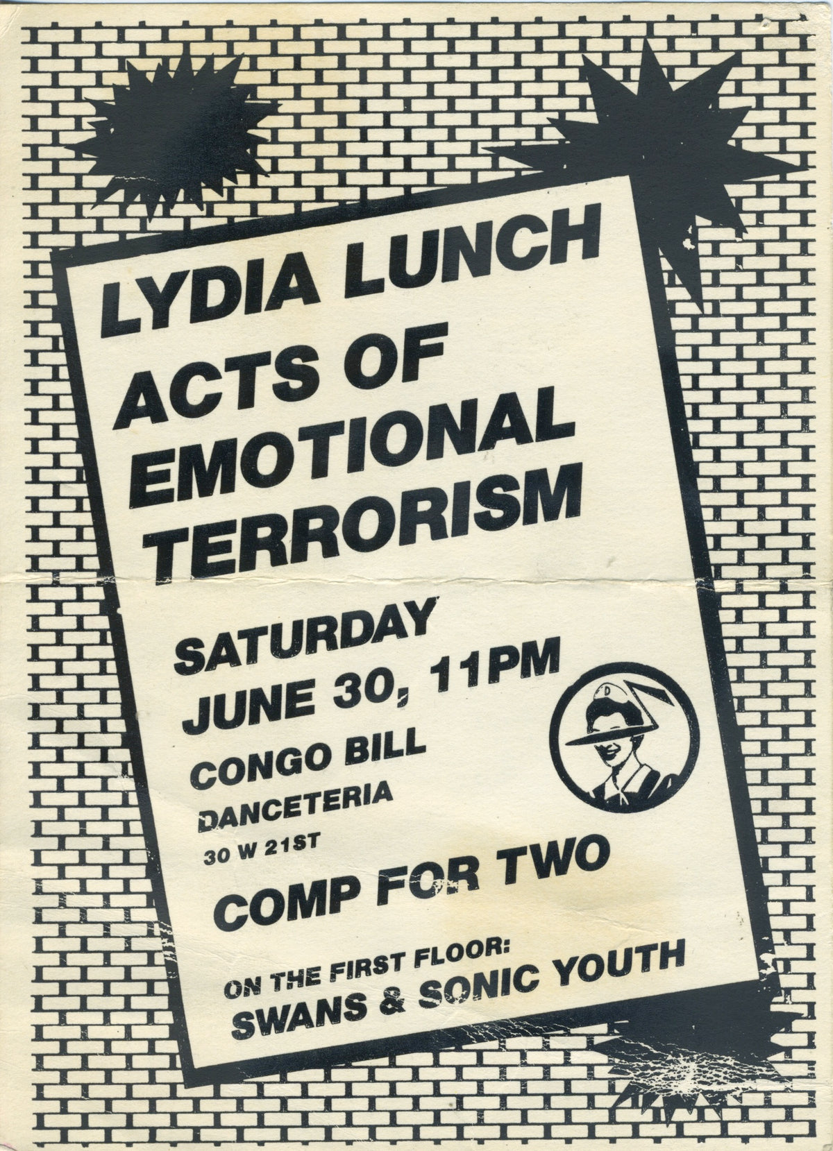 Vintage Lydia Lunch "Acts Of Emotional Terrorism" Swans + Sonic Youth Danceteria NY Cardstock Handbill '84 - jointcustodydc