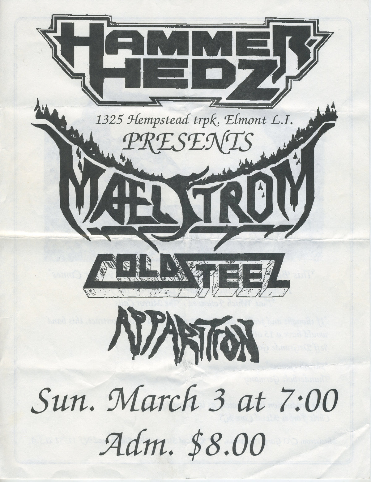 Vintage Maelstrom Cold Steel Apparition &quot;Hammer Hedz Presents&quot; Elmont, L.I. Show Flyer