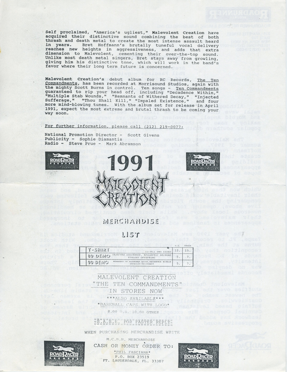 Vintage Malevolent Creation &quot;Roadrunner Records&quot; Double-Sided &#39;91 Info Flyer