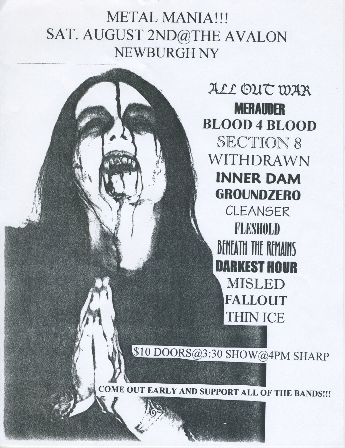 Vintage Metal Mania All Out War Merauder Blood 4 Blood &quot;Newburgh, NY&quot; Show Flyer