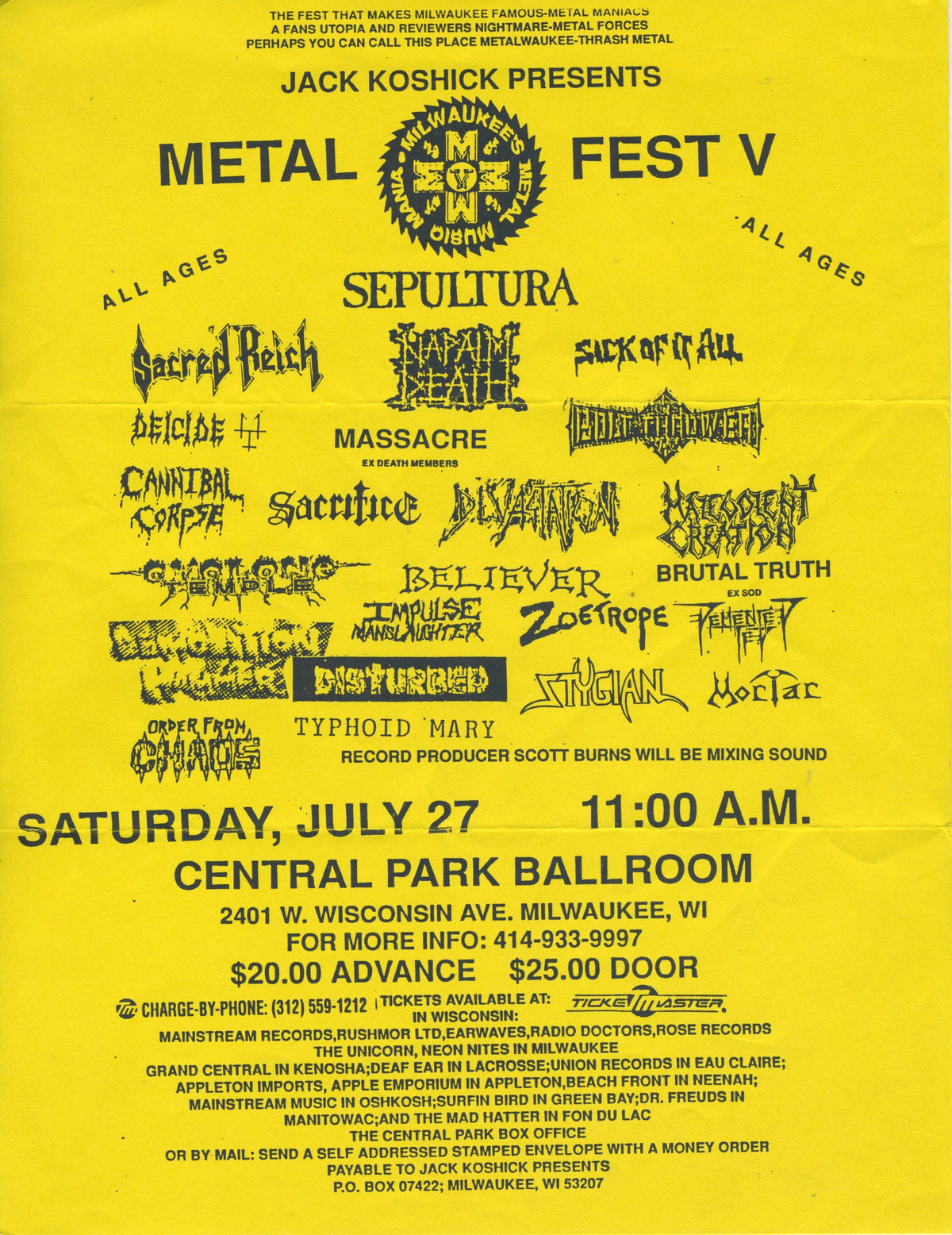 Vintage Milwaukee Metal Fest V &quot;Sepultura Napalm Death Bolt Thrower Believer&quot; Central Park Ballroom Flyer