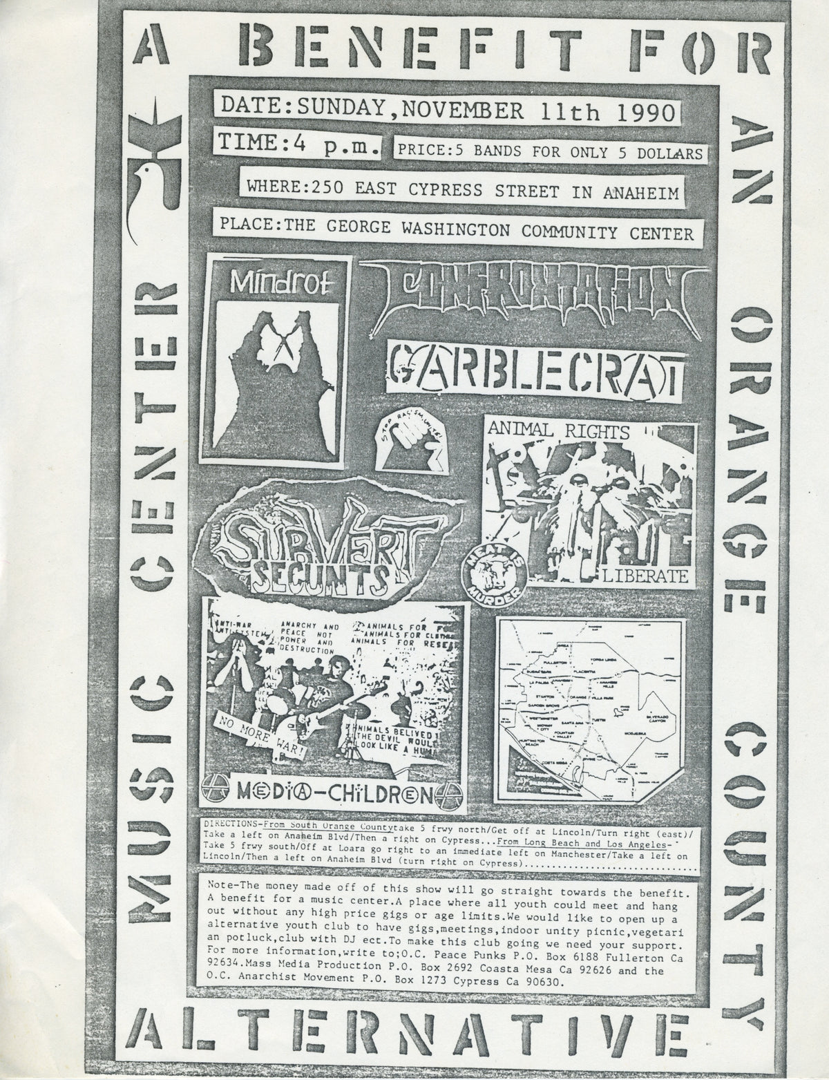 Vintage Mindrot Confrontation Garblecrat Subvert Secunts Media Children &quot;Orange County Music Center&quot; Benefit Show Flyer
