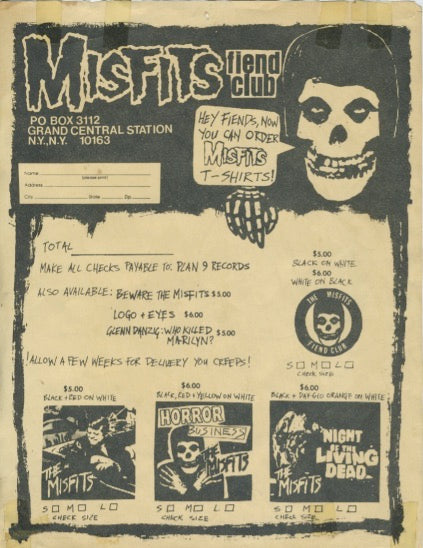 Vintage The Misfits Fiend Club "Grand Central Station" T-Shirt Order Form - jointcustodydc
