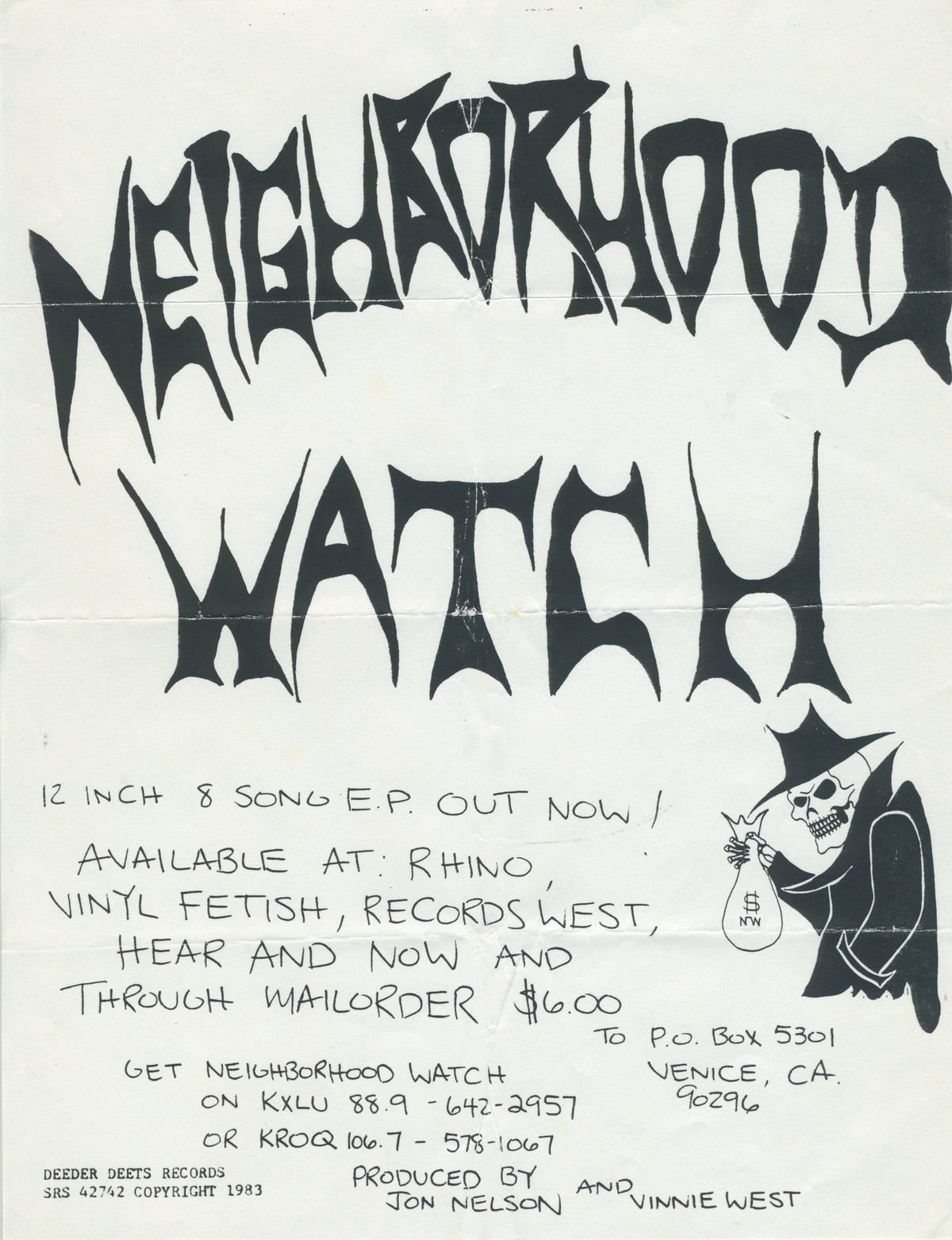 Vintage Neighborhood Watch &quot;Deeder Deets&quot; Promotional Flyer Venice, CA