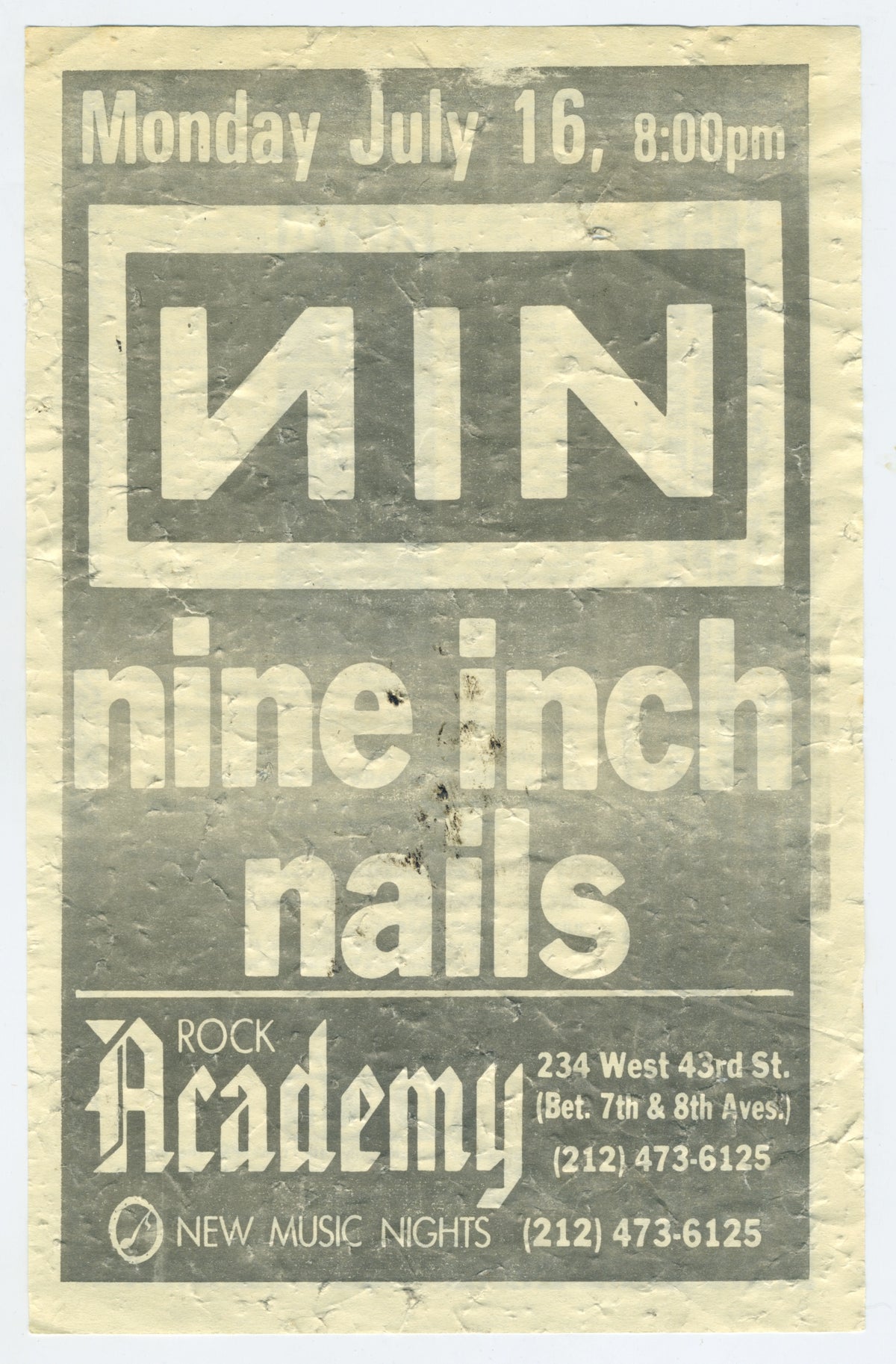 Vintage Nine Inch Nails &quot;Rock Academy&quot; &#39;90 Show Flyer