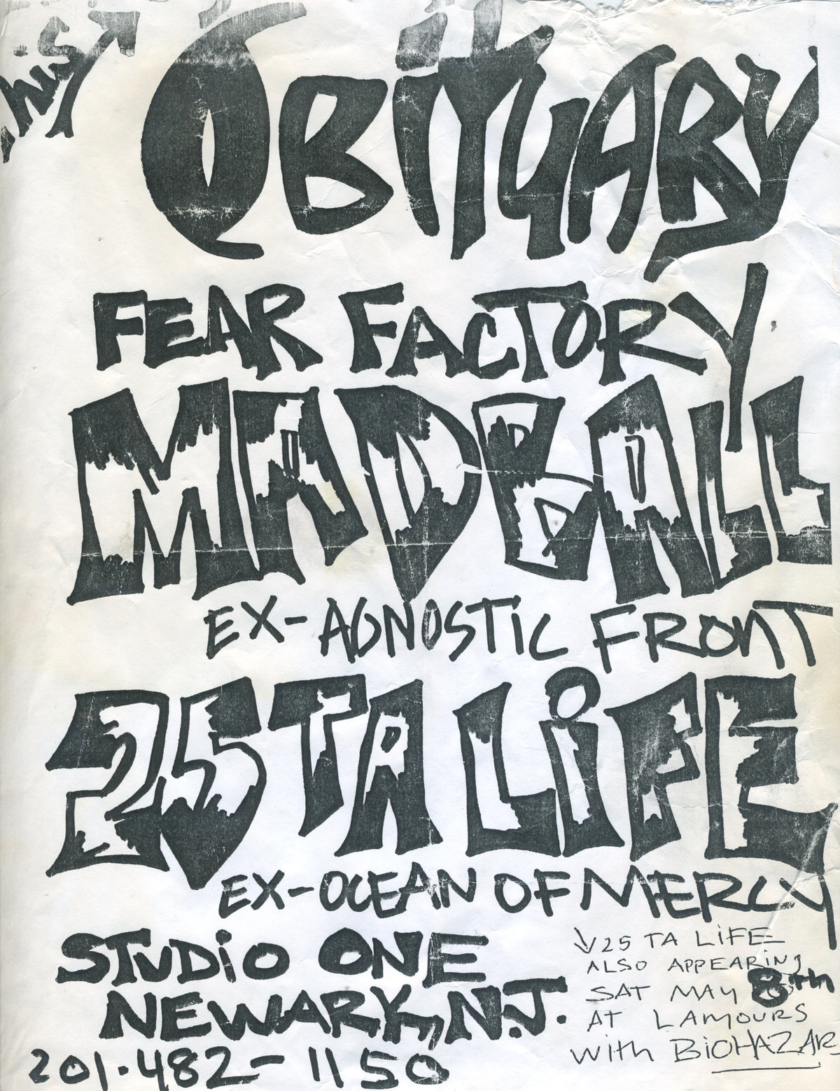 Vintage Obituary Fear Factory Madball 25 Ta Life "Newark, NJ" Studio One Show Flyer - jointcustodydc