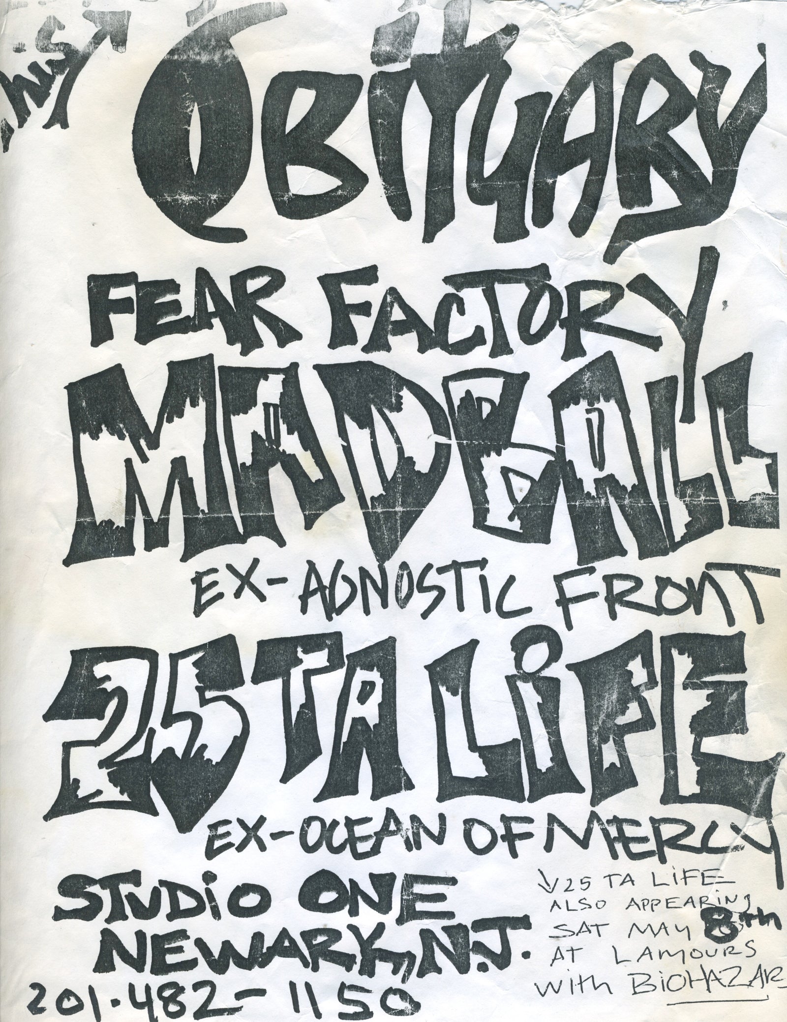 Vintage Obituary Fear Factory Madball 25 Ta Life "Newark, NJ" Studio One Show Flyer - jointcustodydc